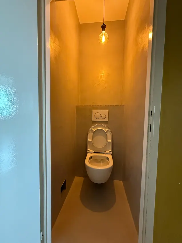 Petit espace WC avec surfaces à effet minéral